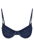 Front view of Maui Top in blue denim, underwire cups, thin double straps, contrast white stitching on white background