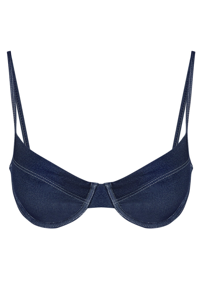 Front view of Maui Top in blue denim, underwire cups, thin double straps, contrast white stitching on white background
