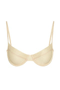 Front view of Maui Top in Champagne Denim showing underwire cups, curved seam detailing, and thin adjustable straps on white background
