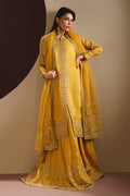 NAQSHI MAYA mustard raw silk open shirt with sharara and organza dupatta embroidered wedding ready to wear outfit