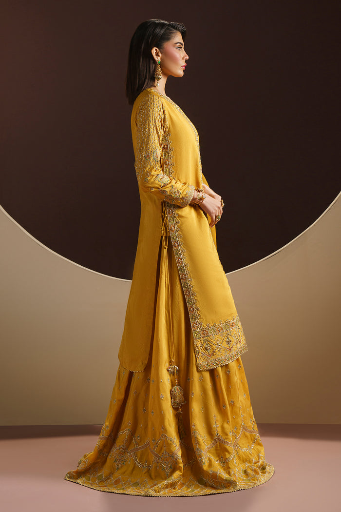 Walking pose of MAYA festive dress displaying embroidered sharara flare and lace borders