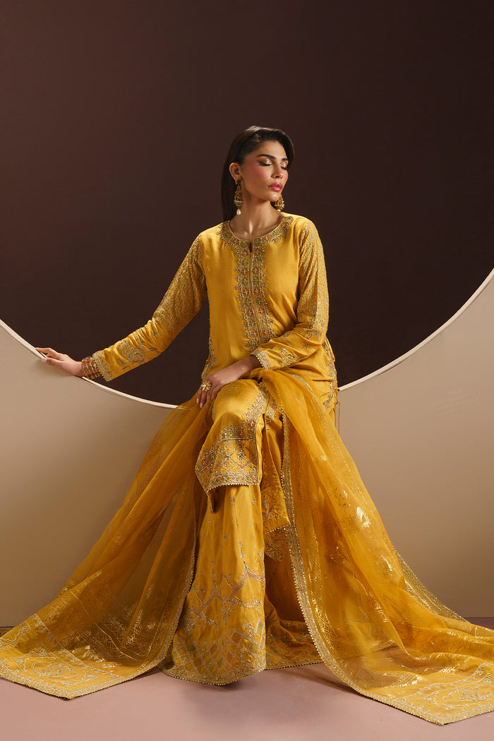 Full view of MAYA mustard wedding outfit showing open shirt style with layered sharara and dupatta