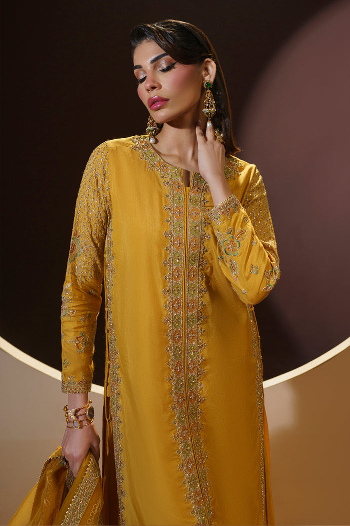Front standing pose of MAYA embroidered long shirt and sharara ready to wear festive outfit