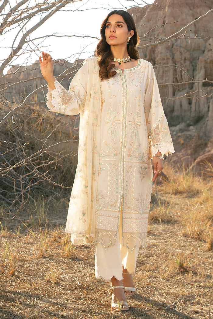 NAQSHI Meehru off white 3PC ready to wear embroidered lawn suit with open gown style shirt, cambric culottes and net dupatta for semi formal events