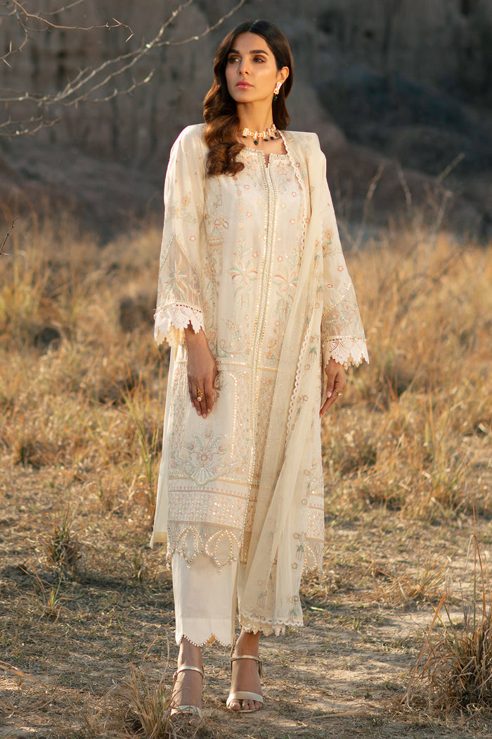 Full front view of Meehru off white embroidered open shirt with culotte trousers women ready to wear occasion outfit