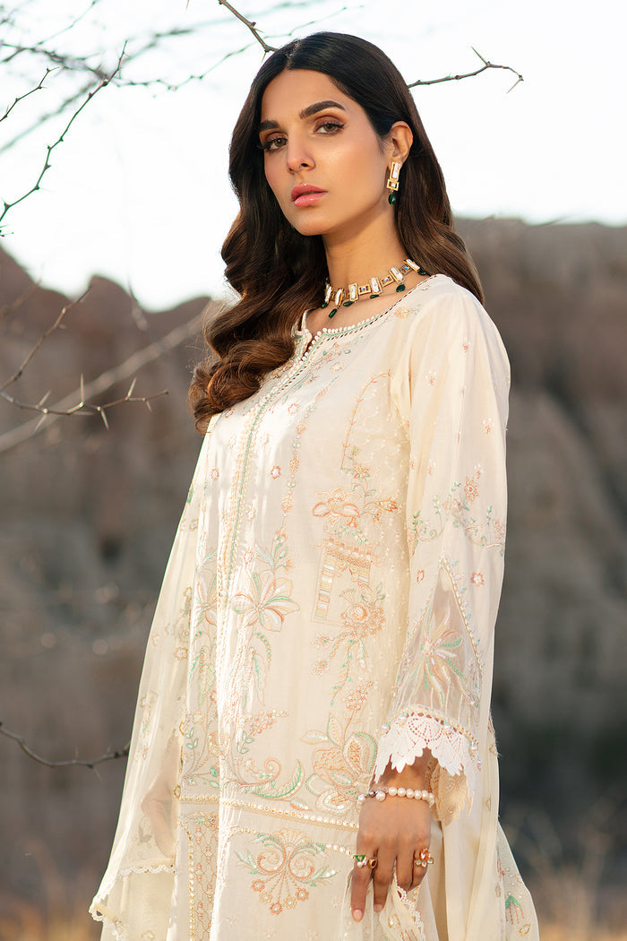 Close portrait showing embroidered neckline sequins and tilla work on off white lawn shirt