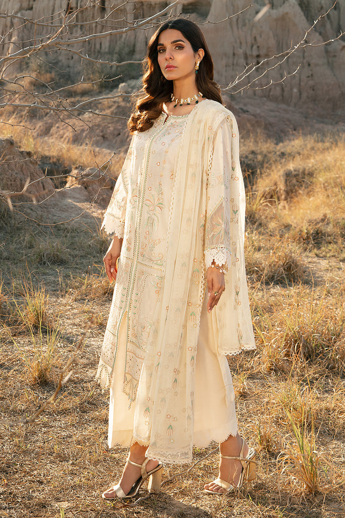 Sleeve and bodice embroidery detail of Meehru off white ready to wear women 3 piece suit