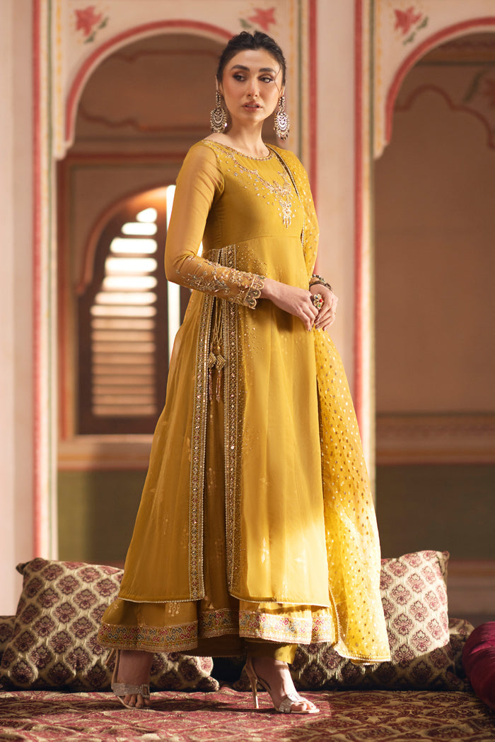 Raw-silk printed frock lower layer with 3‑inch decorative border, shown alongside straight trousers.