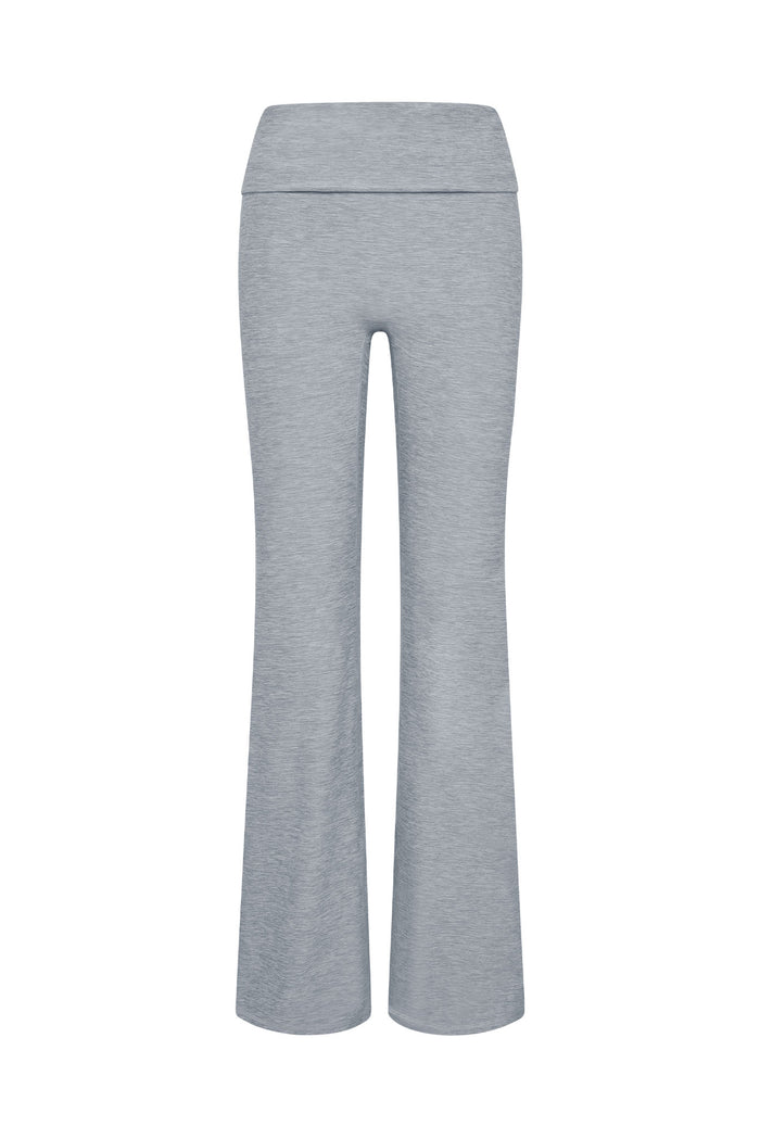 Light gray fold-over high-waist flared leggings with soft heathered fabric