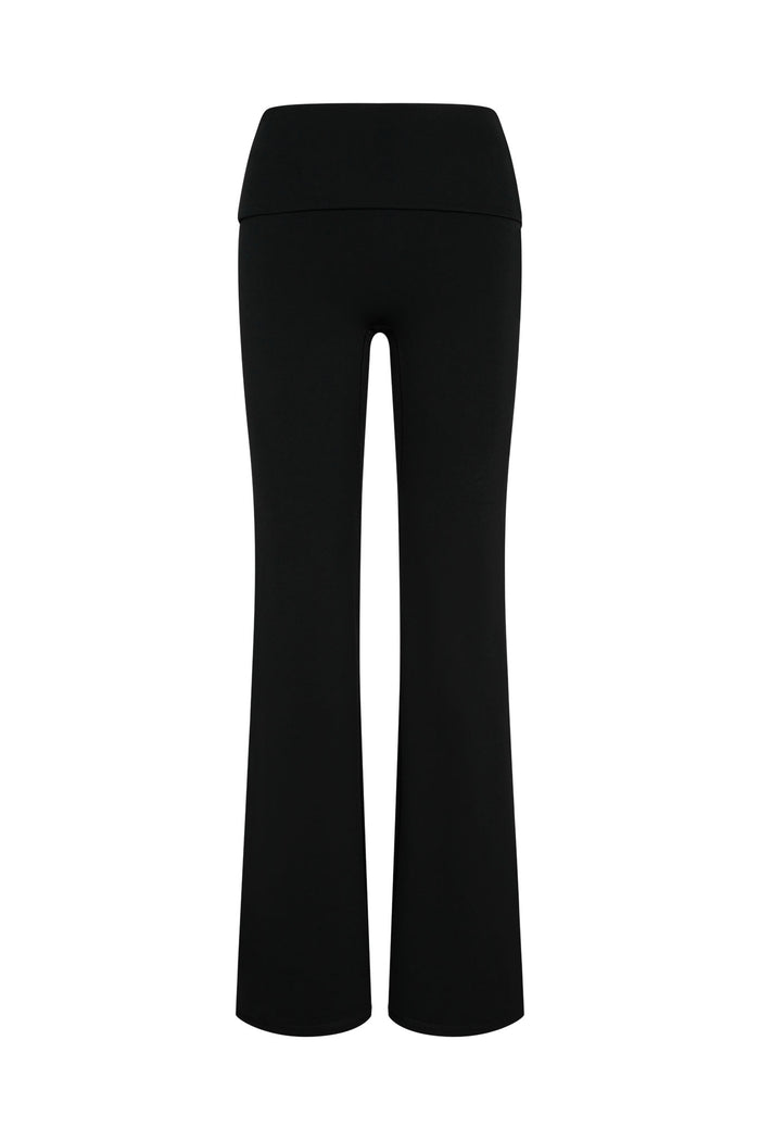 Black flared leggings, back view, high waistband