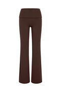 Front view of Melrose Flared Legging Long in Espresso showcasing mid-rise adjustable fold-over waistband and flared leg on white background