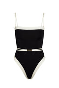 Black one-piece swimsuit with white trim, thin adjustable straps and double white belt with gold "MONDAY" buckle.