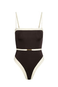 Front view of Miami One Piece in espresso with ivory trim, adjustable thin straps, high-cut leg, and thin belt with MONDAY logo on white background