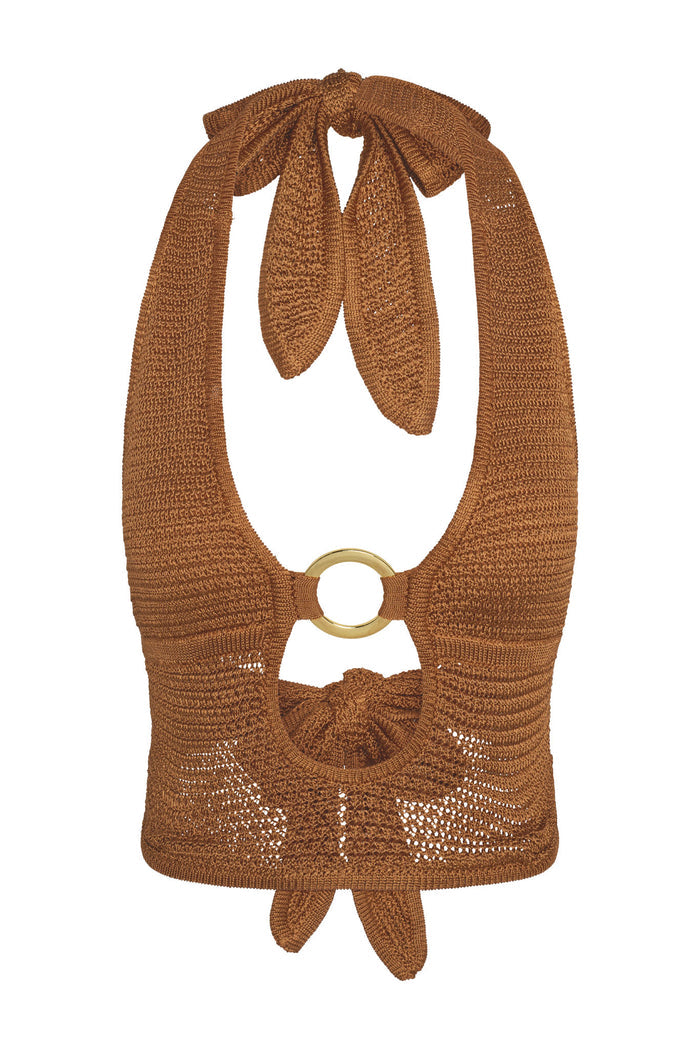 Front view of Miami Top Caramel Treble Knit showing halter neckline, gold ring detail and knit texture on white background
