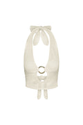 Front view of Miami Top halter in ivory shiny treble knit showing V-front, gold center ring, knit texture on white background