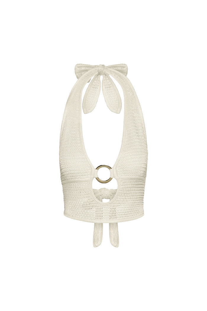 Front view of Miami Top halter in ivory shiny treble knit showing V-front, gold center ring, knit texture on white background