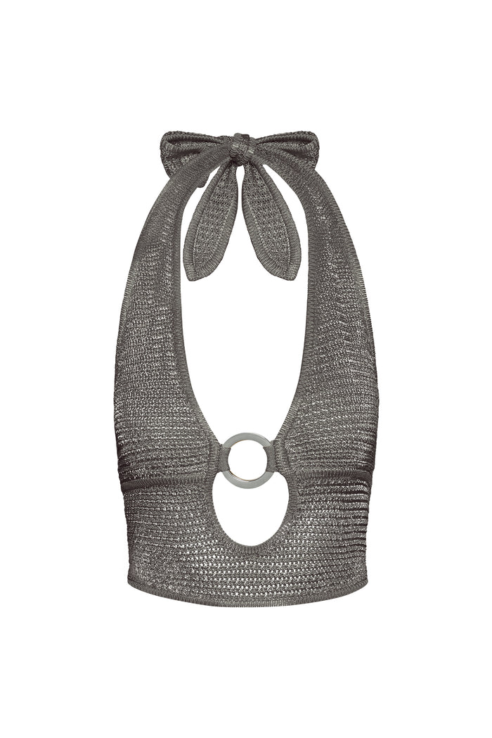 Front view of Miami Top in Steel Treble Knit showcasing halter tie neck, gold ring front cutout and textured cropped knit on white background