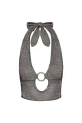 Front view of Miami Top in Steel Treble Knit showcasing halter tie neck, gold ring front cutout and textured cropped knit on white background