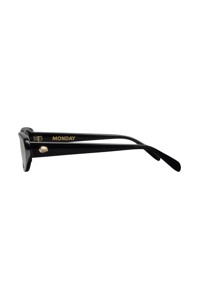 Side view of Milano sunglasses showcasing gold MONDAY logo on black temple with white background
