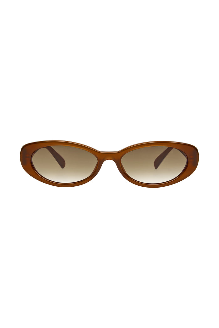 Brown oval sunglasses with gradient brown lenses on white background