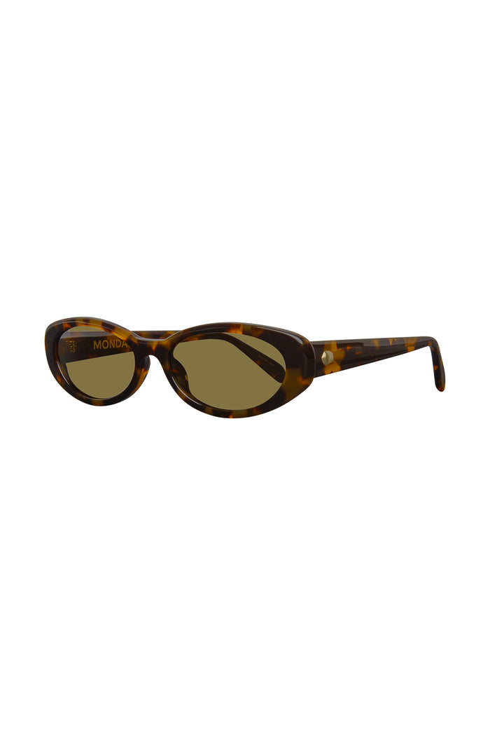 Tortoiseshell oval sunglasses with MONDAY logo on left lens