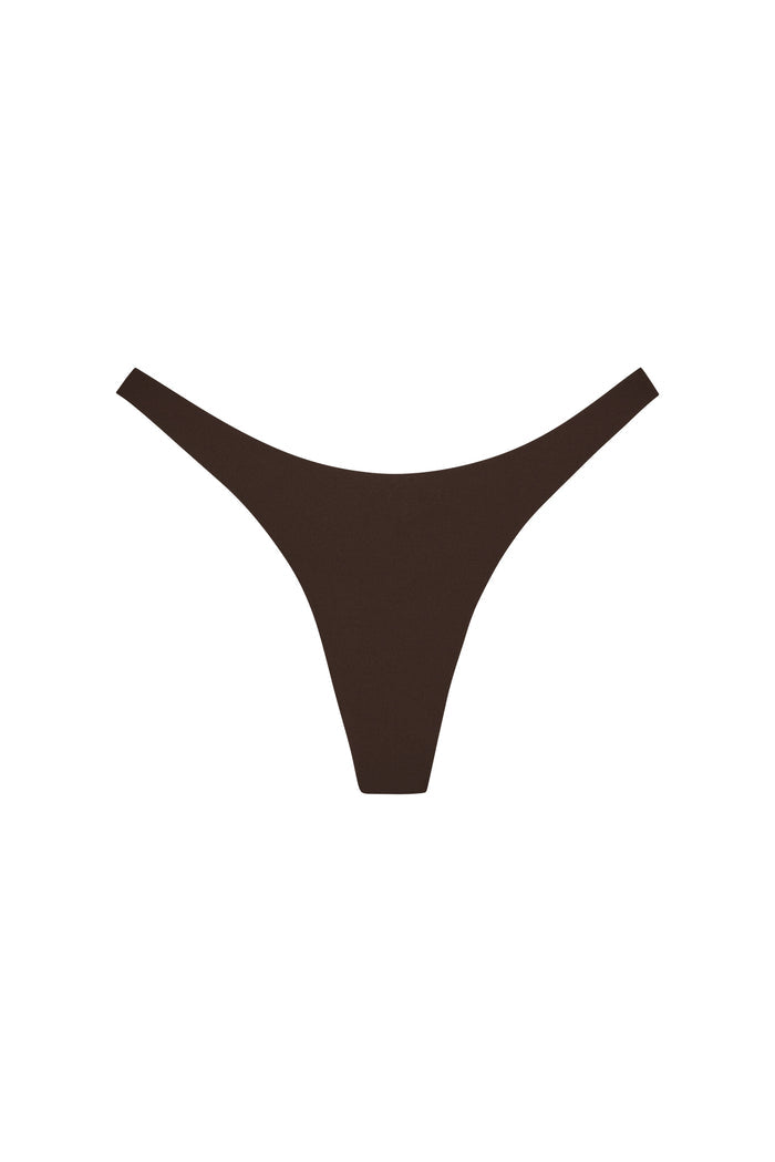 Front view of Milos Thong in Espresso showcasing seamless, mid-rise thong with minimal silhouette on white background
