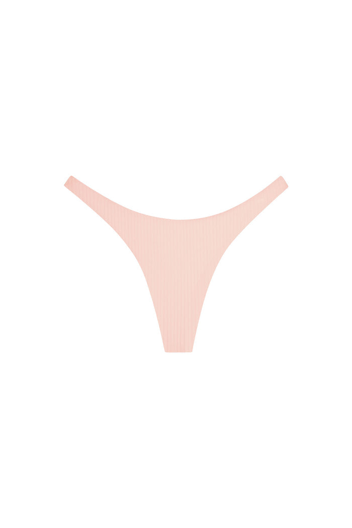 Front view of Milos Thong in powder pink rib showing ribbed texture and high-cut thong shape on white background