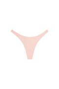 Front view of Milos Thong in powder pink rib showing ribbed texture and high-cut thong shape on white background