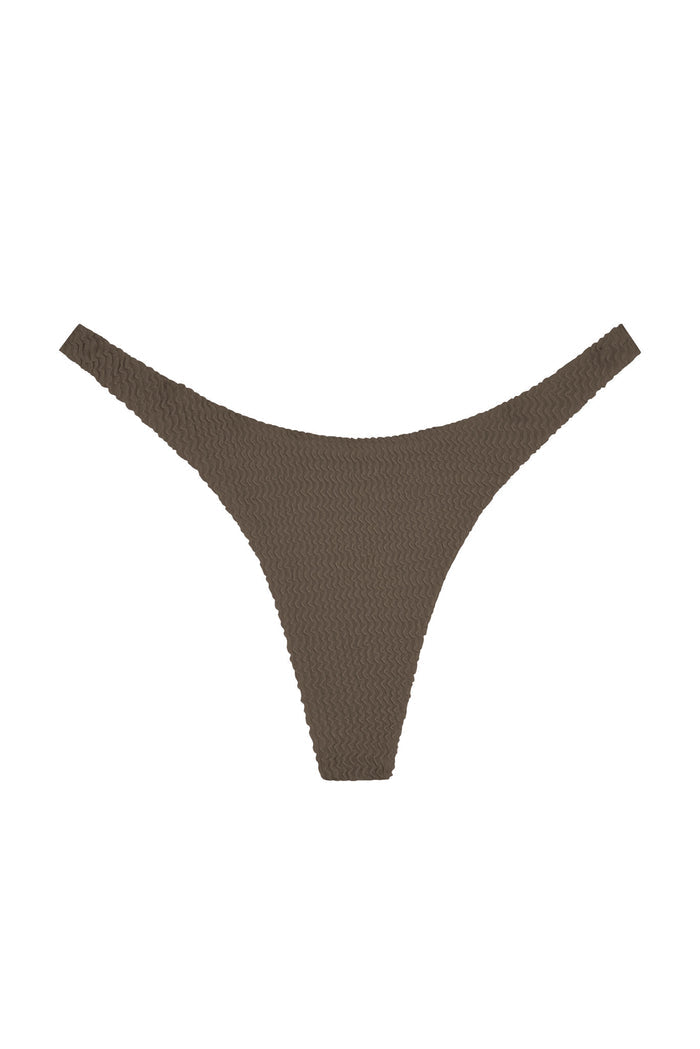 Front flat lay of Milos Thong in Stone Crinkle showing seamless mid-rise fit and crinkled textured fabric on white background