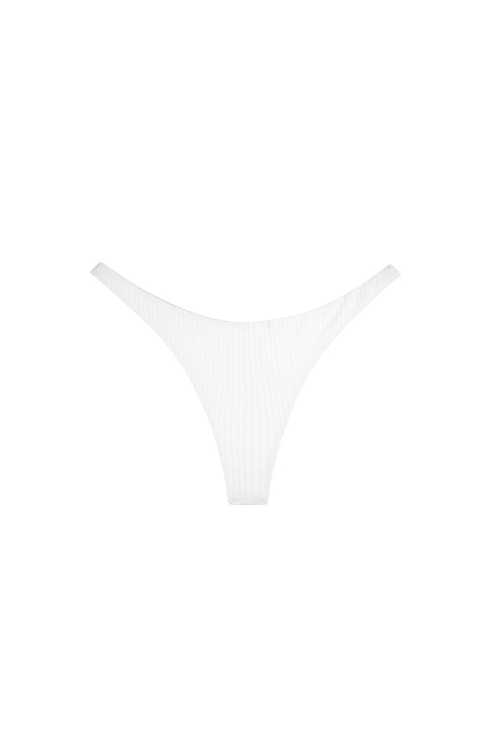 Front view of Milos Thong in Optic White Rib showcasing ribbed seamless mid-rise thong on white background