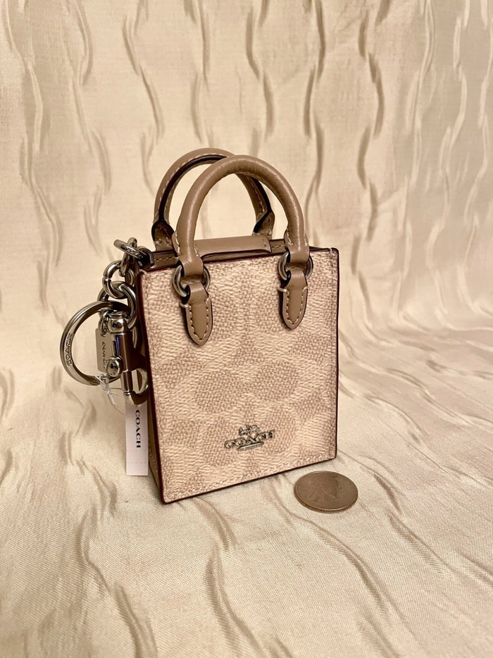 Coach Mini Tote Bag Charm – Signature Canvas Beige Handbag Keychain Accessory, New
