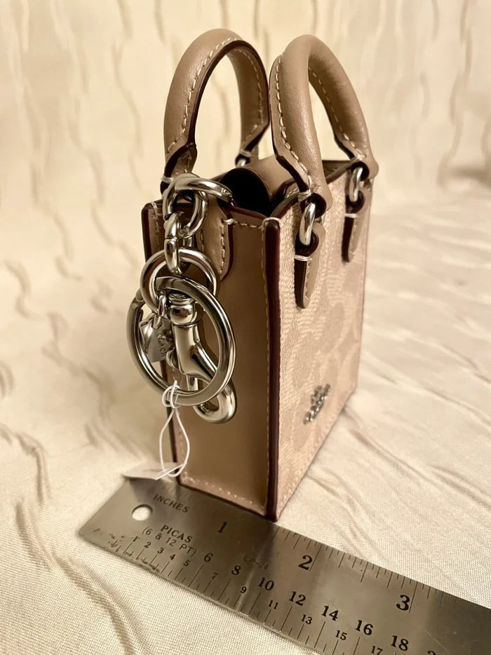 Coach Mini Tote Bag Charm – Signature Canvas Beige Handbag Keychain Accessory, New
