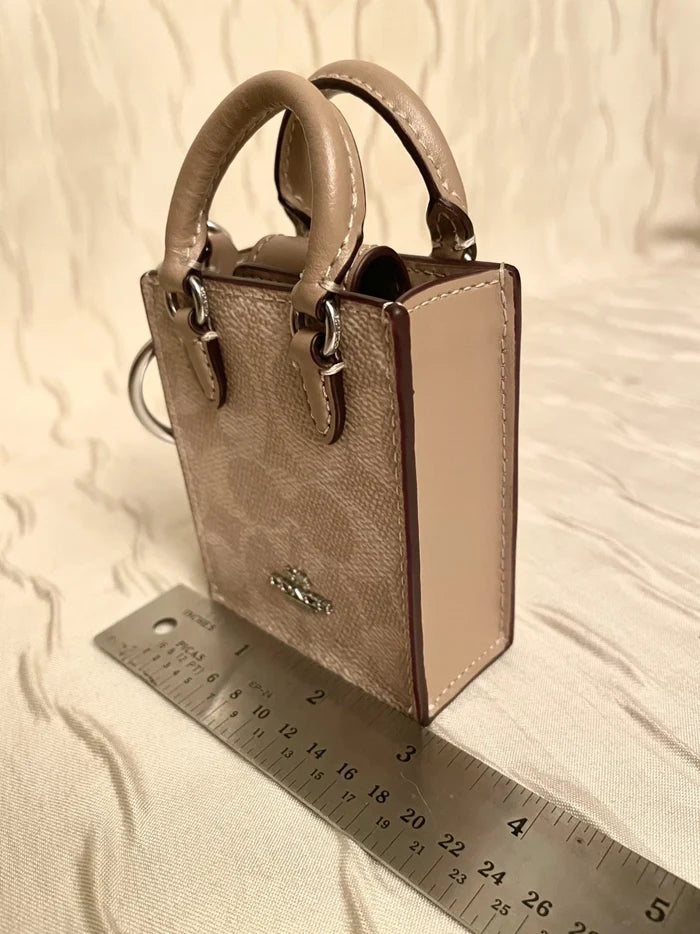 Coach Mini Tote Bag Charm – Signature Canvas Beige Handbag Keychain Accessory, New