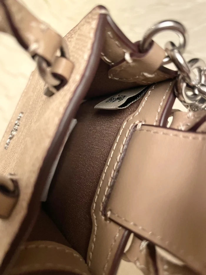 Coach Mini Tote Bag Charm – Signature Canvas Beige Handbag Keychain Accessory, New