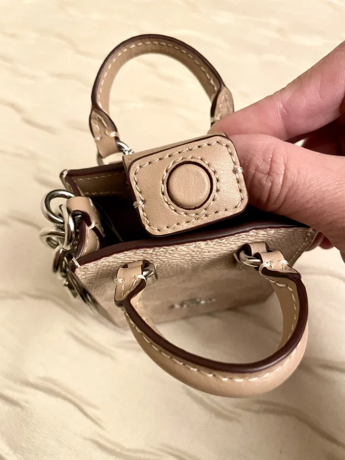 Coach Mini Tote Bag Charm – Signature Canvas Beige Handbag Keychain Accessory, New