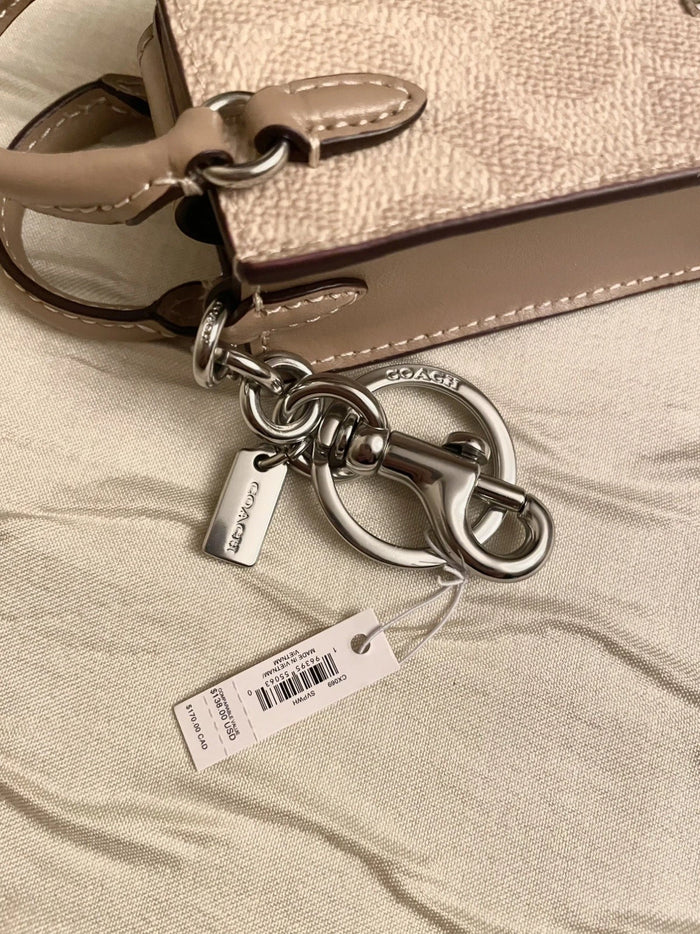 Coach Mini Tote Bag Charm – Signature Canvas Beige Handbag Keychain Accessory, New