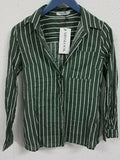 Misslook Women's Stripes Button Down Shirts Roll-up Sleeve Top, Green, Small