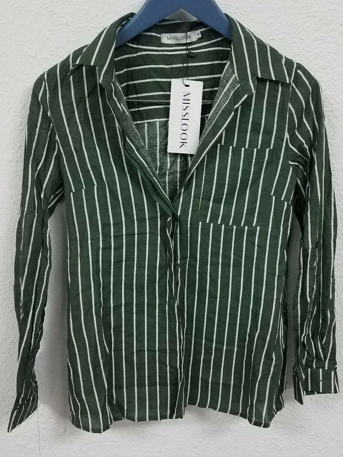 Misslook Women's Stripes Button Down Shirts Roll-up Sleeve Top, Green, Small