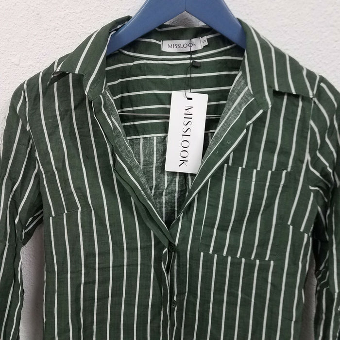 Misslook Women's Stripes Button Down Shirts Roll-up Sleeve Top, Green, Small