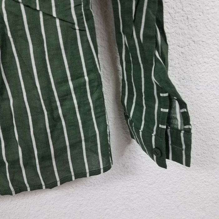 Misslook Women's Stripes Button Down Shirts Roll-up Sleeve Top, Green, Small