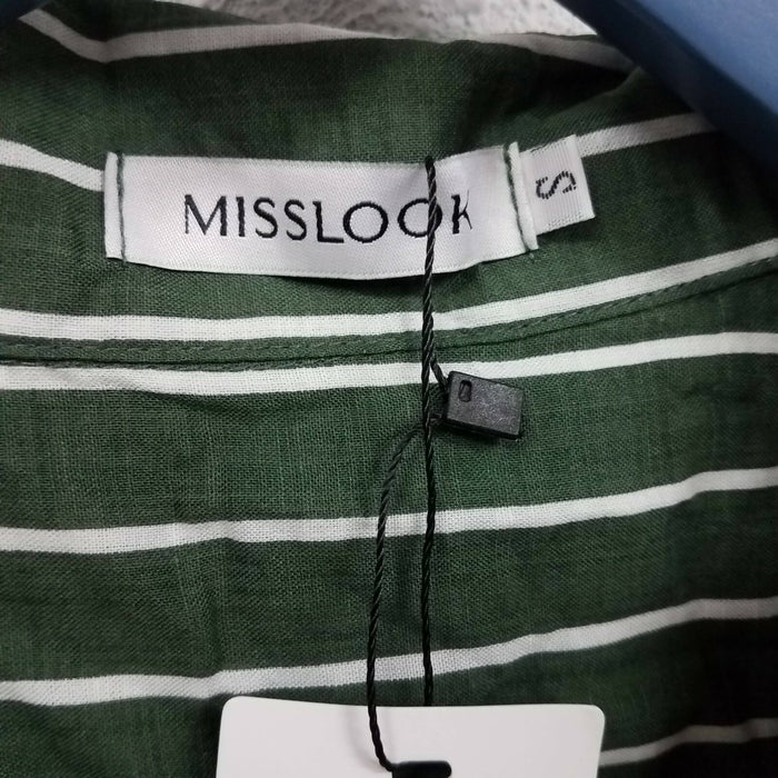 Misslook Women's Stripes Button Down Shirts Roll-up Sleeve Top, Green, Small
