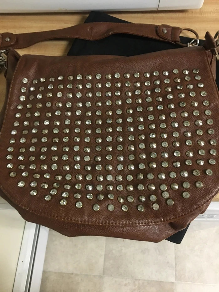 MMS Design Studio Brown Studded Faux Leather Satchel – Women's Designer Handbag Purse