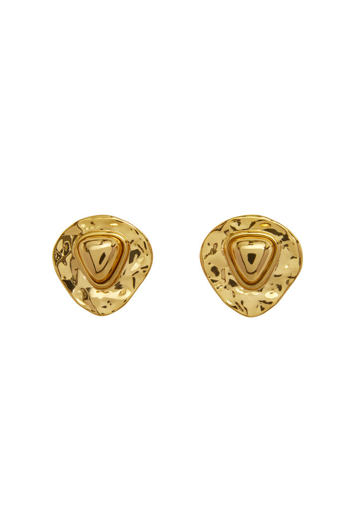 Close-up front view of Monaco earrings in gold showcasing triangle stud shape and hammered 18k gold-plated texture on white background