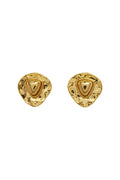Close-up front view of Monaco earrings in gold showcasing triangle stud shape and hammered 18k gold-plated texture on white background