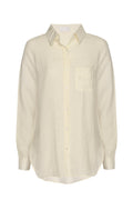 Cream linen long-sleeve button-up shirt with pointed collar and single chest pocket, relaxed fit.