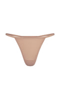 Front view of G-string underwear showcasing thin side straps and minimal coverage in blush on white background