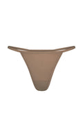 Front view of Monday G String thong in caramel showcasing double side straps and minimal coverage on white background