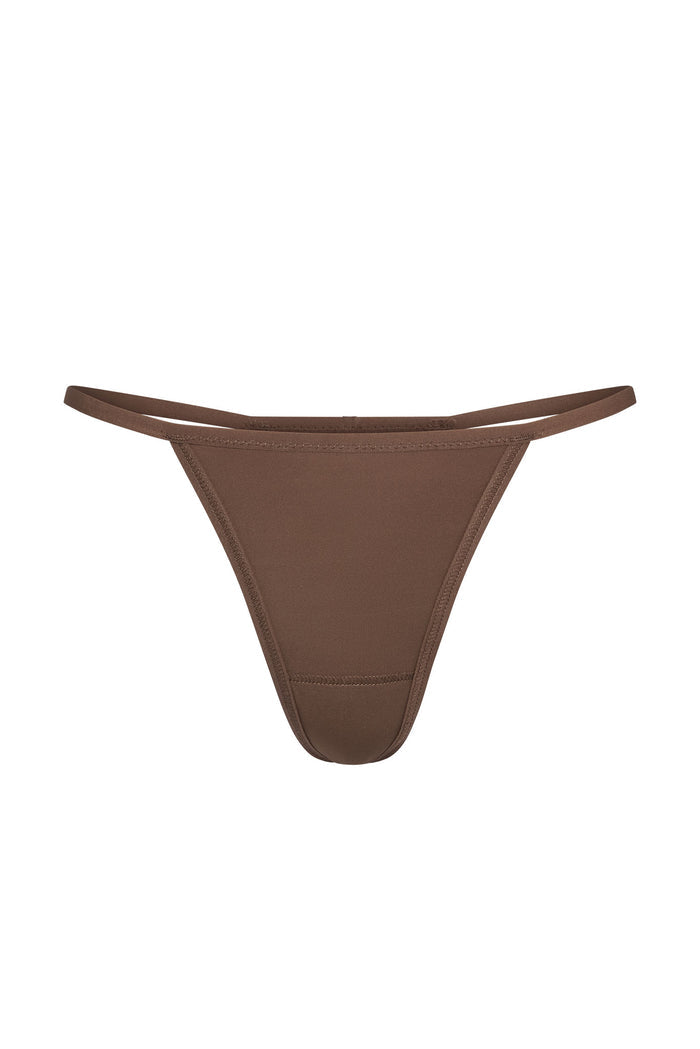 Front view of Monday G String in Mocha showcasing thin sides and minimal coverage on a white background