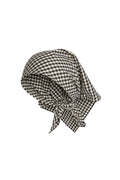 Flat front view of Monday Head Scarf in black gingham, tied in a knot to show shape and drape, on white background
