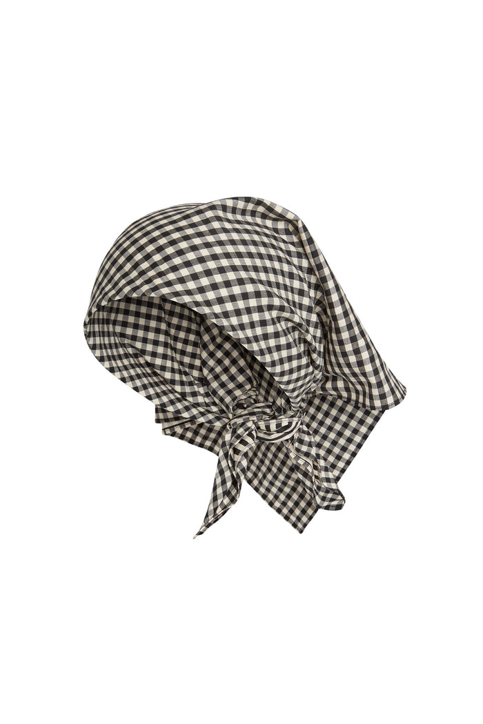 Flat front view of Monday Head Scarf in black gingham, tied in a knot to show shape and drape, on white background